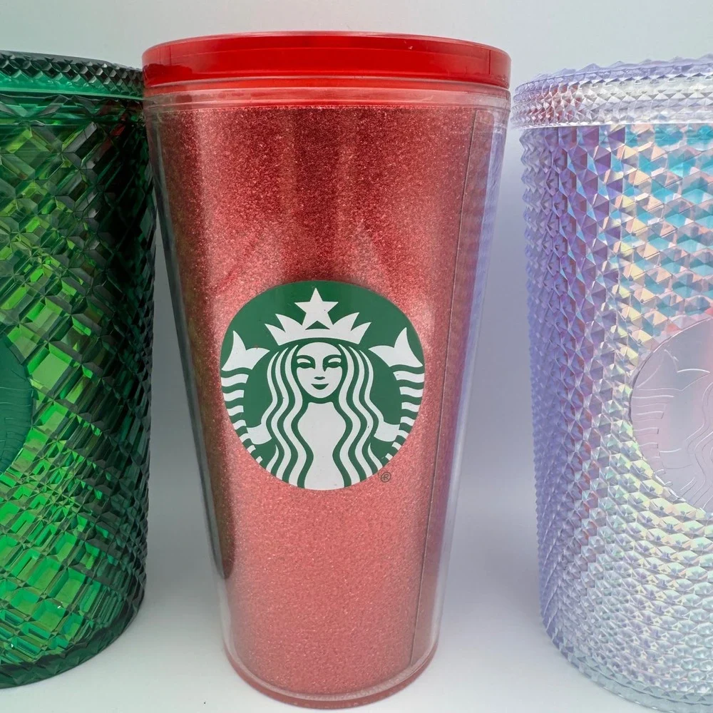 Starbucks Cold Cup Tumbler Lot 4 Green Jewel‎ Red Glitter Studded Silver  16oz